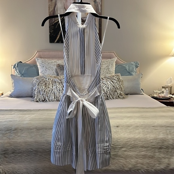 SEA NEW YORK White Gray Stripped 2 Dress Cotton Halter Bow Tie Collar Backless - Picture 9 of 17